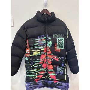 Sugarhill Puffer Jacket Black Comic Pop Art Graphic‎ Print Size Medium